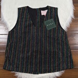 Buru Women's Size XS Stripe Sparkle Shimmer V Neck Sleeveless Mod Top Button Bac